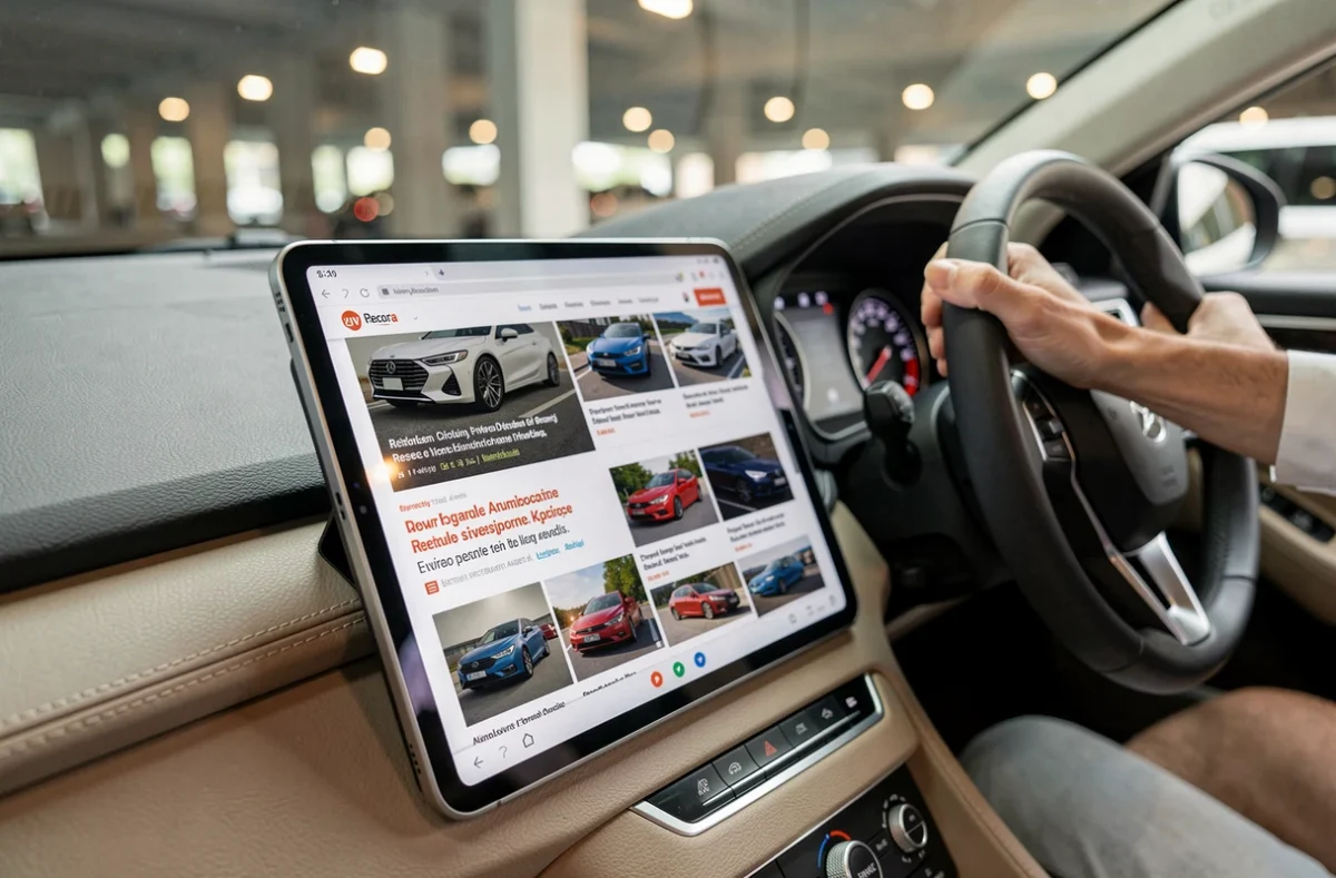 Tablette affichant le site d'actualités caradisiac posée sur le tableau de bord d'une voiture moderne