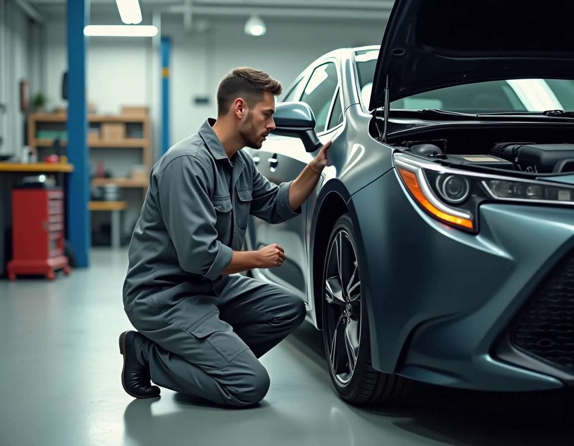 Technicien automobile inspectant la batterie hybride d'une Toyota Corolla dans un atelier de réparation professionnel