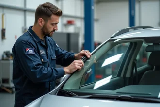 Technicien Carglass réparant un éclat de pare-brise dans un centre de service automobile moderne un samedi matin