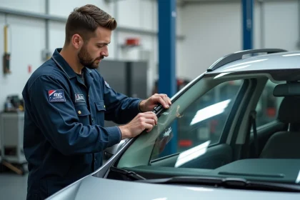 Technicien Carglass réparant un éclat de pare-brise dans un centre de service automobile moderne un samedi matin