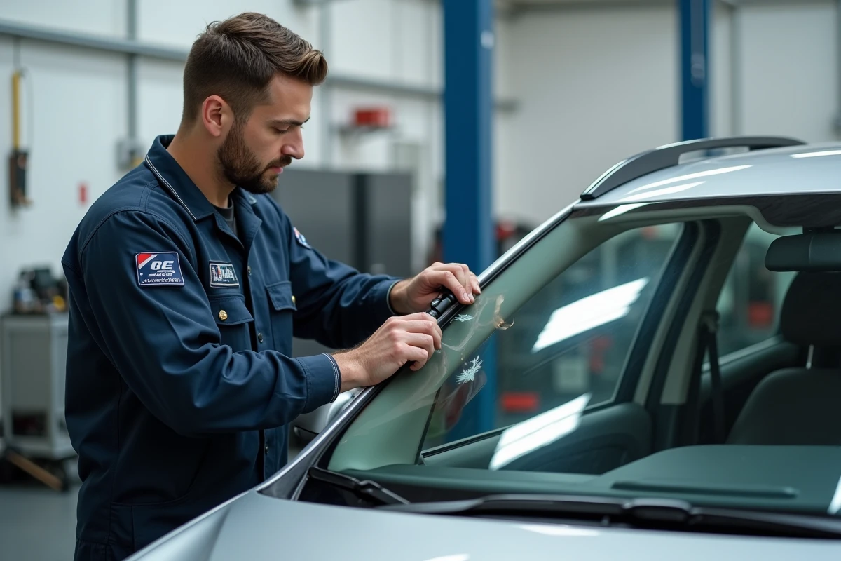 Technicien Carglass réparant un éclat de pare-brise dans un centre de service automobile moderne un samedi matin