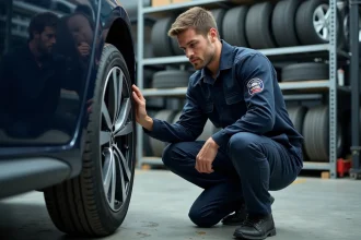 Technicien en centre de montage pneus inspectant une roue de voiture dans un atelier professionnel