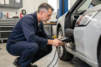 Technicien automobile connectant un scanner OBD-II sous le tableau de bord pour lire les codes DTC d'une voiture en atelier