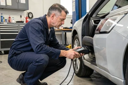 Technicien automobile connectant un scanner OBD-II sous le tableau de bord pour lire les codes DTC d'une voiture en atelier
