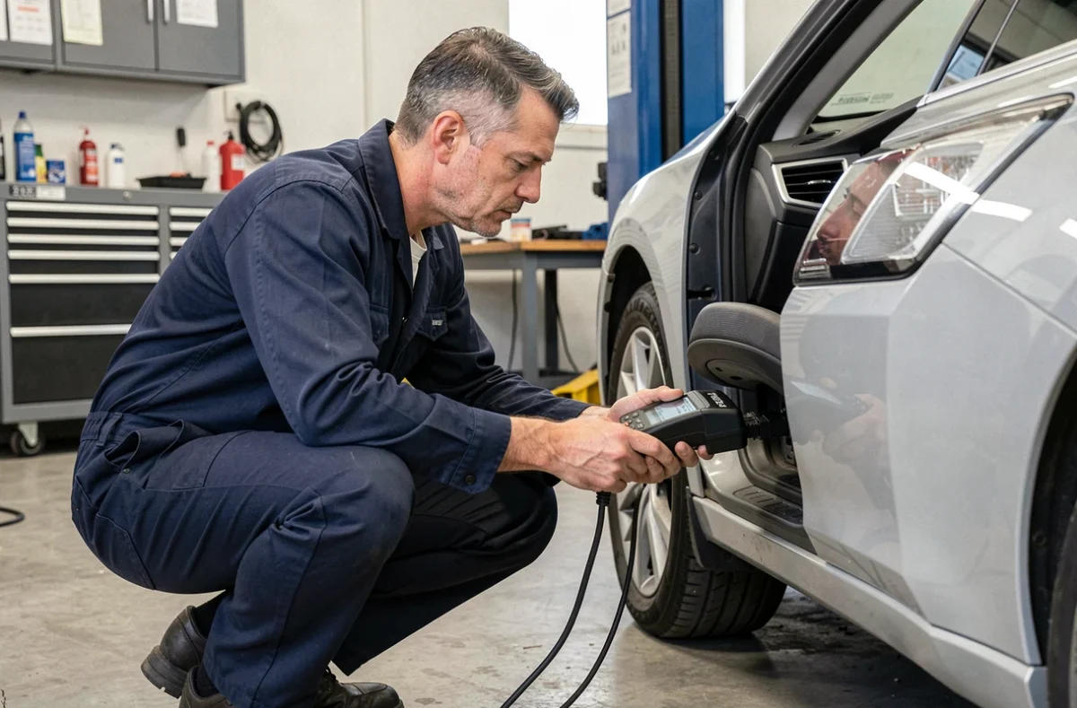 Technicien automobile connectant un scanner OBD-II sous le tableau de bord pour lire les codes DTC d'une voiture en atelier