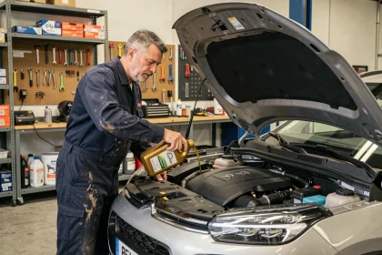 Technicien versant de l'huile moteur dans un Citroën C3 Aircross dans un garage professionnel
