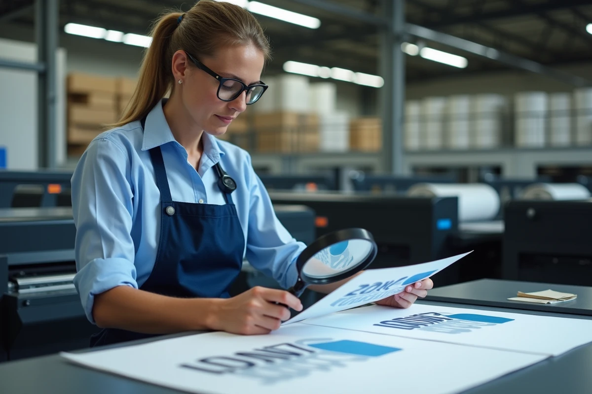 Technicienne en impression vérifiant des échantillons de logos