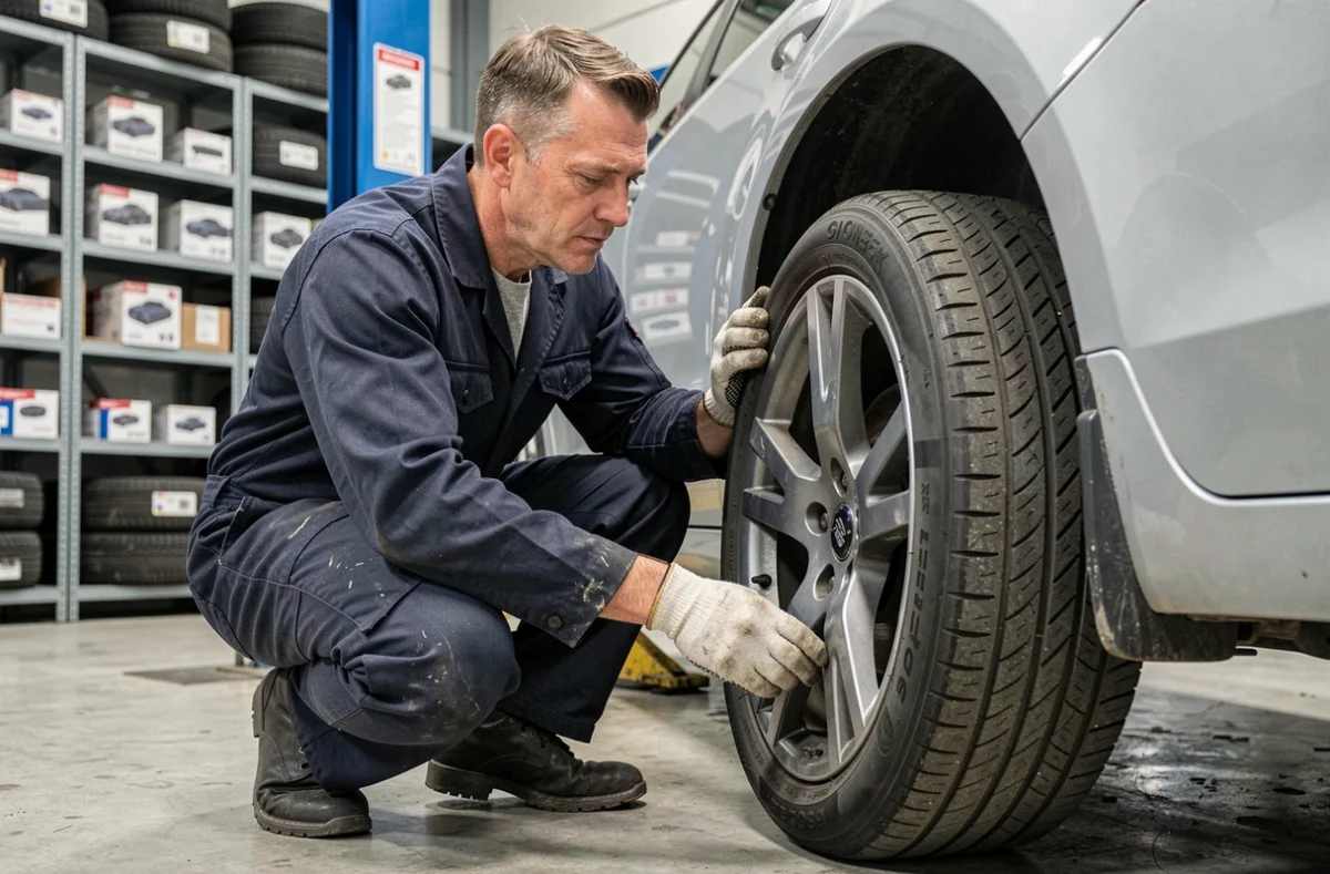 Technicien automobile inspectant un pneu toutes saisons en atelier de pneumatiques
