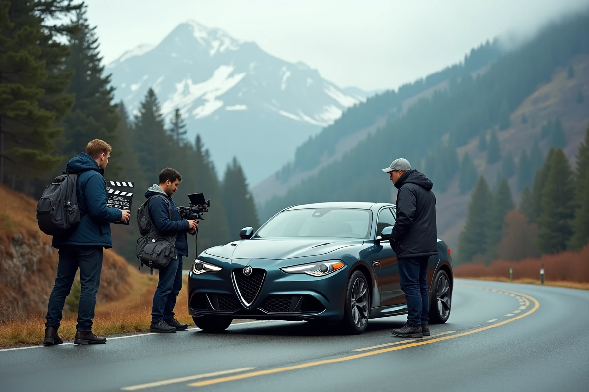 Équipe de tournage préparant une scène de course-poursuite avec une Alfa Romeo sur une route de montagne