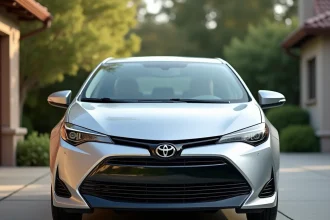 Toyota Corolla hybride argentée garée dans une allée résidentielle, vue en angle 3/4 avant mettant en valeur le badge hybride