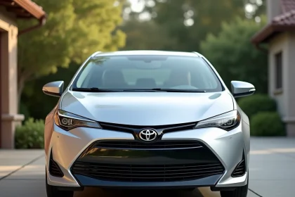 Toyota Corolla hybride argentée garée dans une allée résidentielle, vue en angle 3/4 avant mettant en valeur le badge hybride