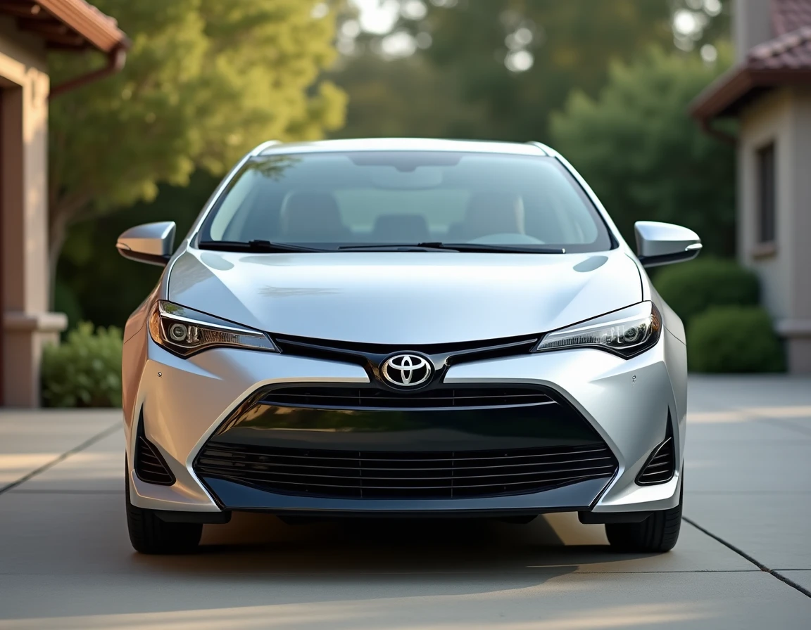Toyota Corolla hybride argentée garée dans une allée résidentielle, vue en angle 3/4 avant mettant en valeur le badge hybride