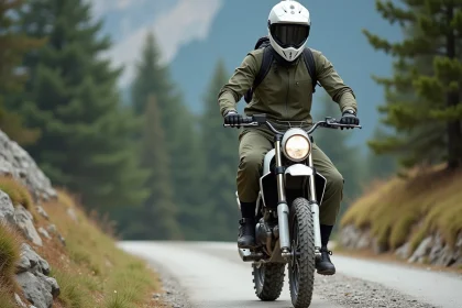 Motard sur un trail moto A2 en pleine nature sur une route de montagne en gravier