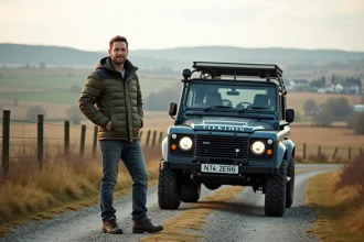 Homme avec voiture tout-terrain dans la campagne