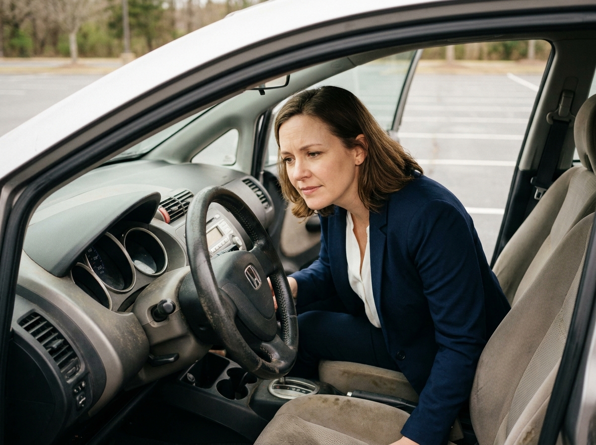 Femme vérifiant le kilométrage et le tableau de bord d'une voiture d'occasion avant achat