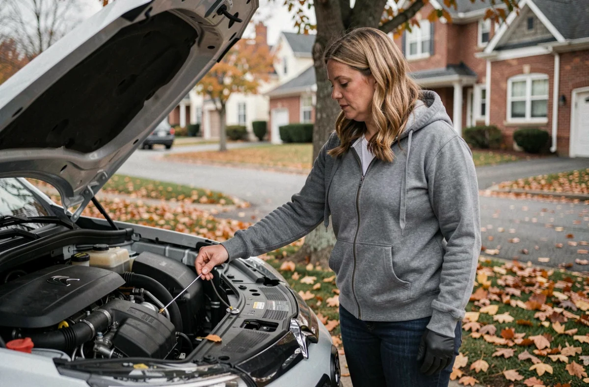 Femme vérifiant le niveau d'huile moteur de son Citroën C3 Aircross sur une allée résidentielle en automne