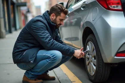 Homme vérifiant la pression d'un pneu de voiture avec une jauge dans une rue urbaine