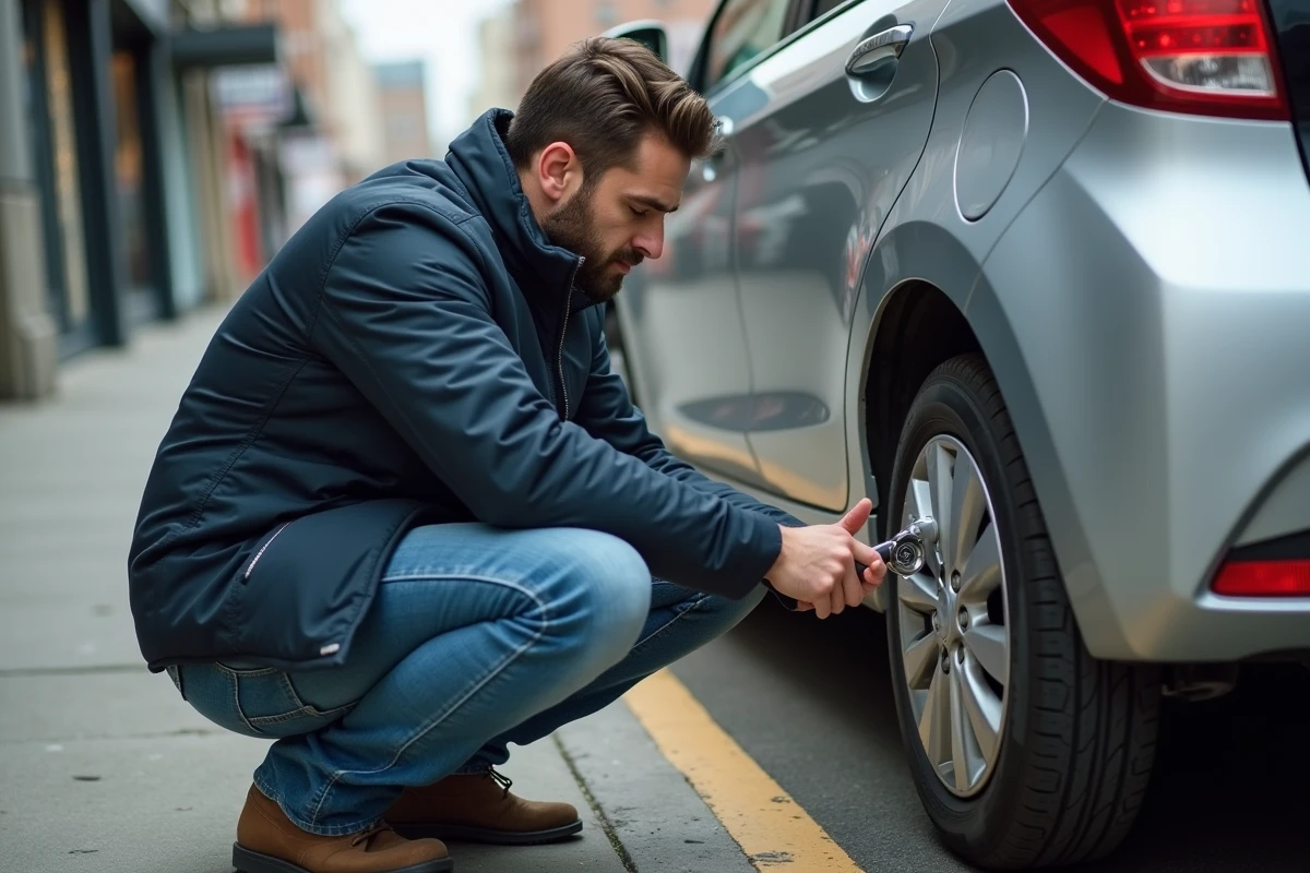 Homme vérifiant la pression d'un pneu de voiture avec une jauge dans une rue urbaine