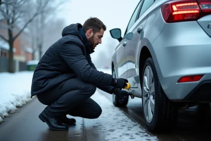 Homme vérifiant la pression des pneus d'une Seat Ibiza par temps froid avec un manomètre