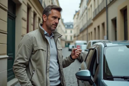 Homme tenant une vignette Crit'Air devant sa voiture dans une rue de Rennes