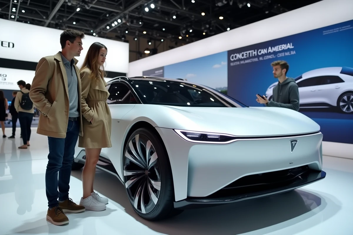 Deux visiteurs du Salon de l'Automobile de Paris 2026 découvrant une voiture électrique concept devant un écran interactif