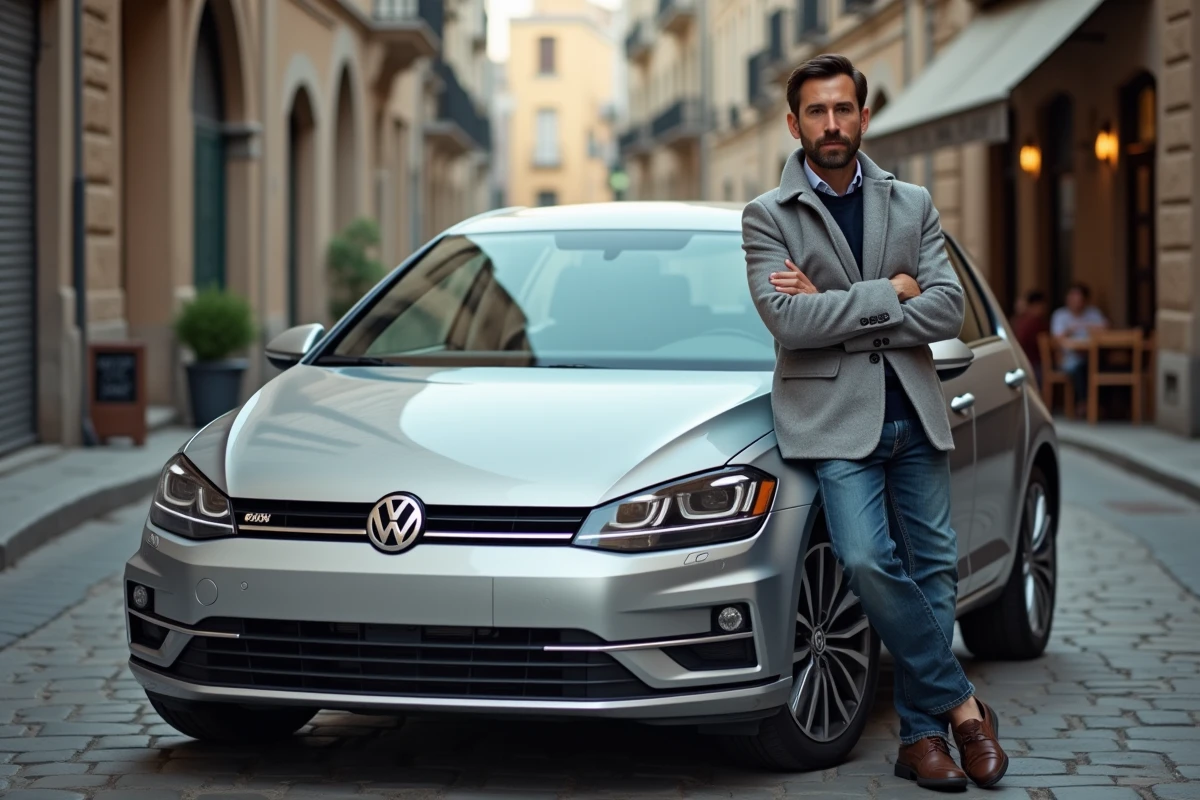 Homme appuyé contre une Volkswagen Golf argentée dans une rue pavée européenne, illustrant le rapport qualité-prix des voitures en V