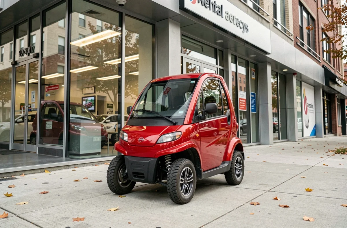 Voiture sans permis électrique rouge garée devant une agence de location longue durée