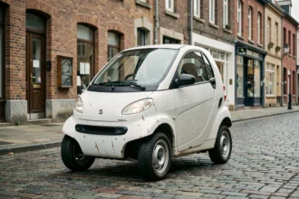Voiture sans permis d'occasion garée sur une rue pavée du Nord-Pas-de-Calais avec façades en briques rouges en arrière-plan