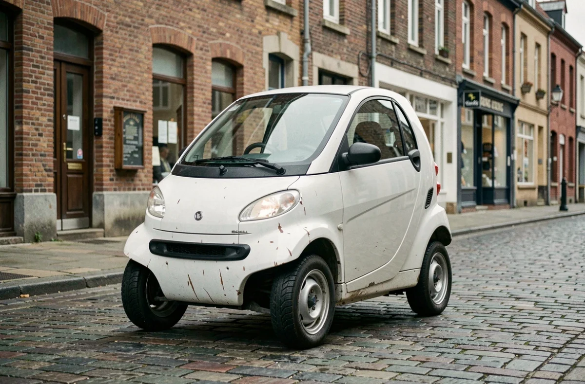 Voiture sans permis d'occasion garée sur une rue pavée du Nord-Pas-de-Calais avec façades en briques rouges en arrière-plan