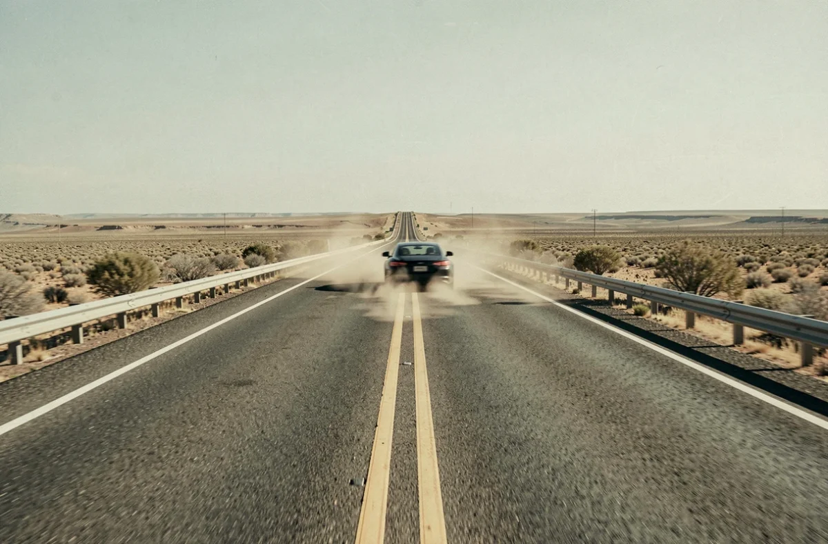 Voiture de sport en excès de vitesse sur une route droite désertique, flou de mouvement illustrant le danger de rouler à 290 km/h, vue grand angle