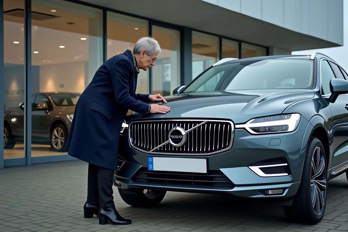 Femme examinant un Volvo XC60 devant une concession automobile moderne, comparatif rapport qualité-prix des marques de voitures en V