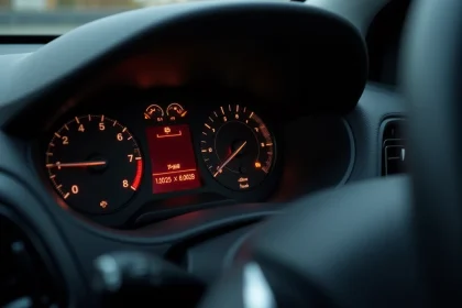 Voyants du tableau de bord d'une Peugeot 208 allumés après révision, signaux d'alerte moteur et batterie visibles