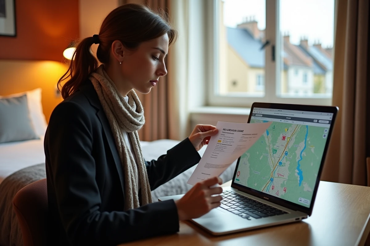 Femme consultant les zones à faibles émissions de Rennes depuis sa chambre d'hôtel